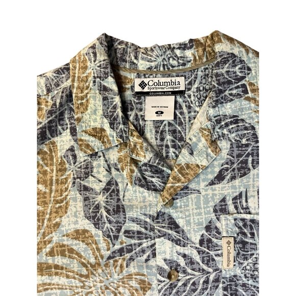 Columbia Camp Shirt Mens M Blue Tan Leaf Print Hawaiian Casual Summer Travel Y2K - Picture 14 of 16
